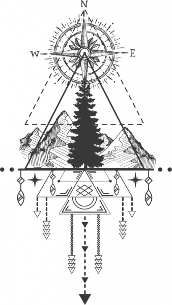 tribal tattoo template compass mountain icons symmetric design