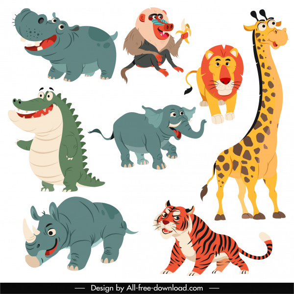 tropical animals icons cute cartoon character sketch