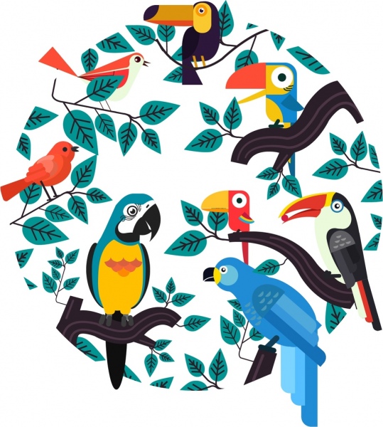 tropical background leaves birds icons circle layout 