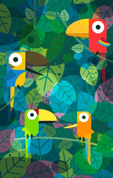 tropical background leaves parrot icons colorful classical design