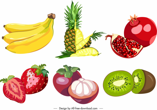 tropical fruits icons colorful classic cut sketch