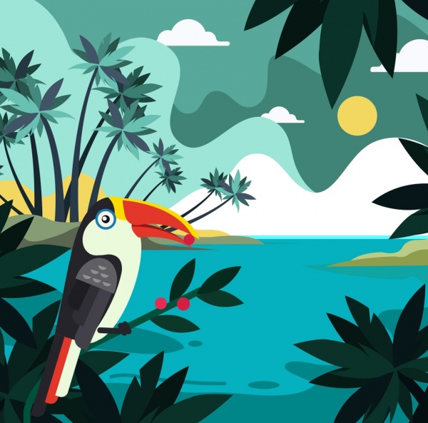 tropical landscape background coconut sea parrot icons