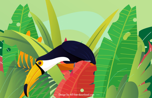 tropical nature painting colorful leaves toucan bird sketch