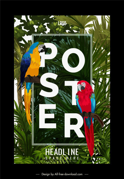 tropical poster template parrots tree sketch modern colorful