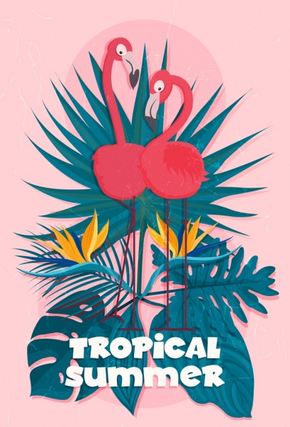 tropical summer banner flamingo leaves icons classical design