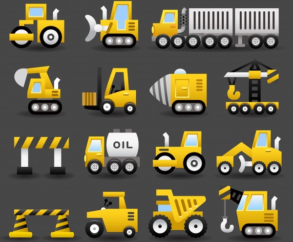 road vehicles icons flat yellow modern symbols sketch