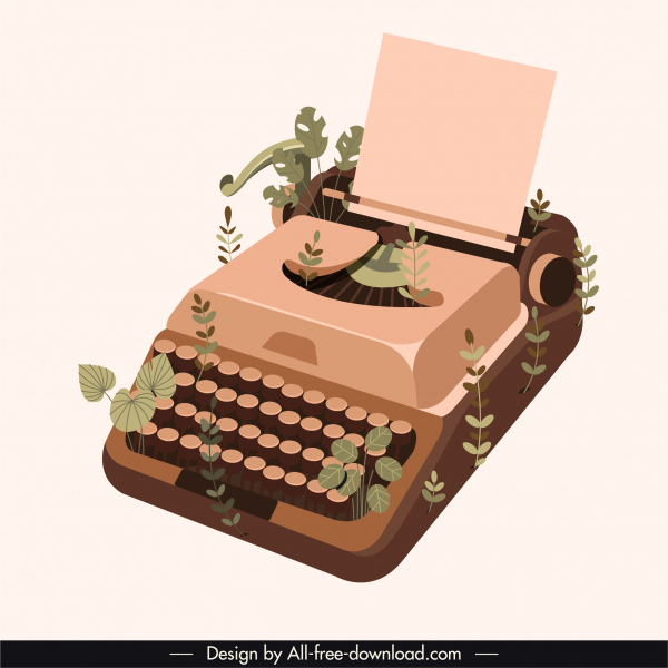 typewriter icon vintage design 3d sketch leaves decor