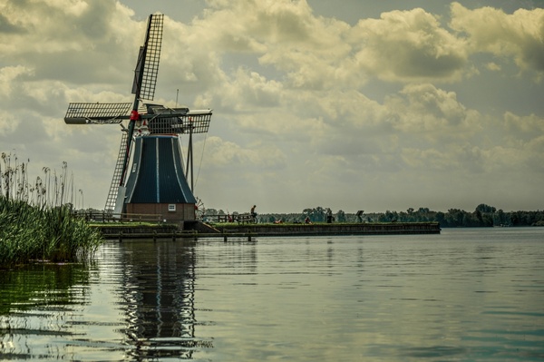 typical dutch windmill at a lake