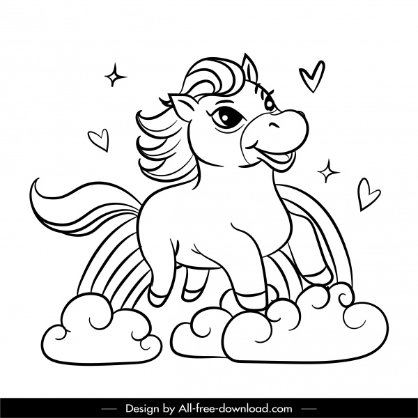 Unicorn Drawing Cute Cartoon Design Black White Handdrawn Free