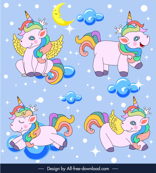 Unicorn Icons Cute Cartoon Design Free Vector In Adobe Illustrator