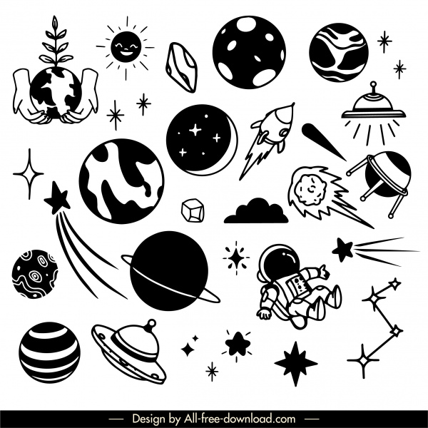 universe elements icons back white handdrawn cosmos symbols