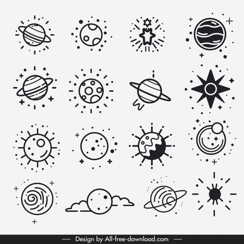  universe icons collection classical handdrawn planets outline 