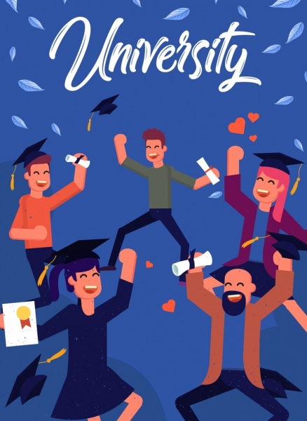 university graduation background cheering students icons colored cartoon