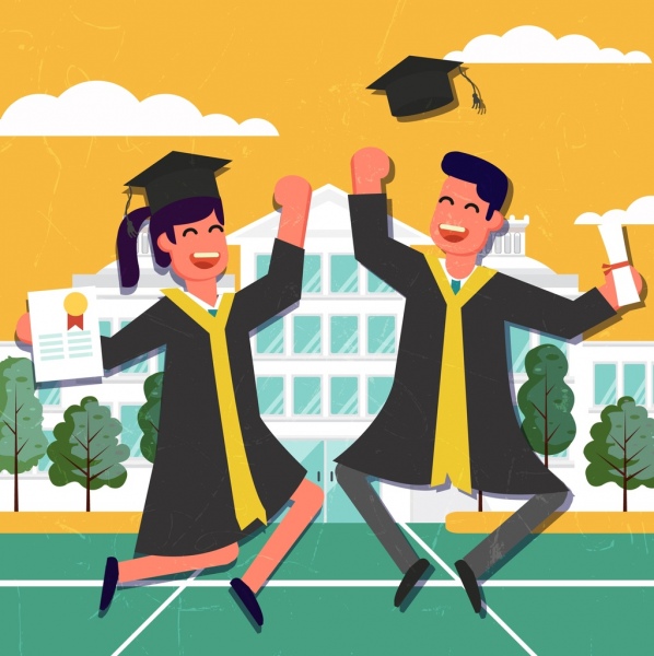 university graduation drawing happy students colored cartoon design 