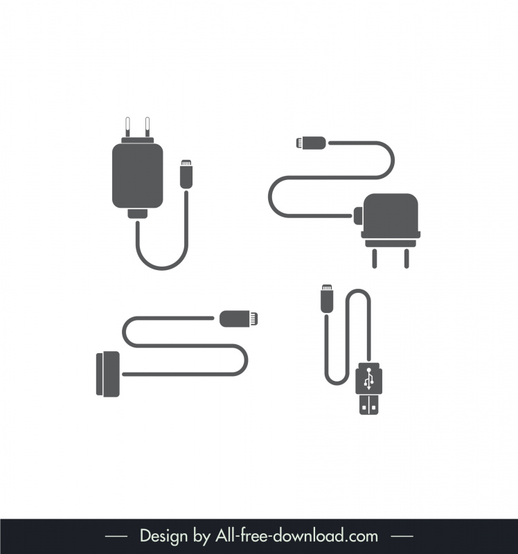  usb charger data cable icons flat black plugs lines sketch