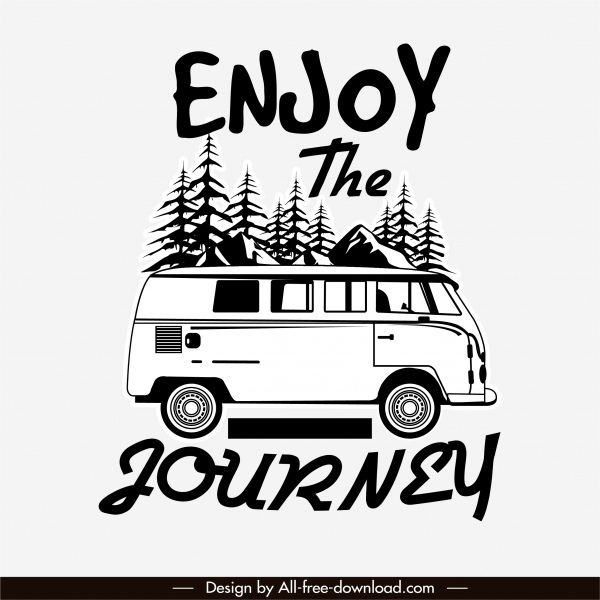 vacation banner black white retro bus sketch