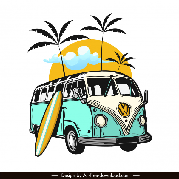vacation design elements vintage bus coconut surfboard sketch
