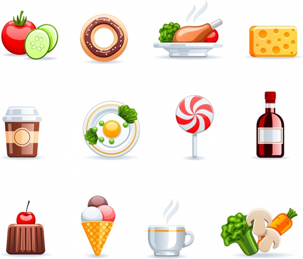 food beverage icons shiny colored modern symbols sketch