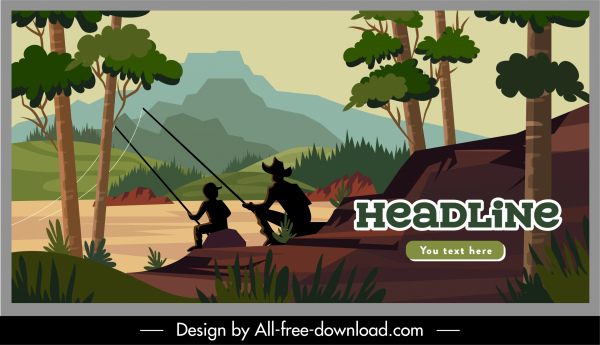 vacation poster fishing activity nature scene sketch