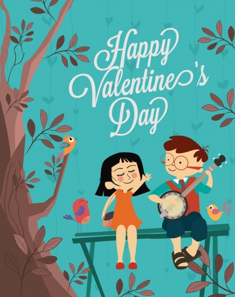 valentine banner cute couple birds tree colored cartoon