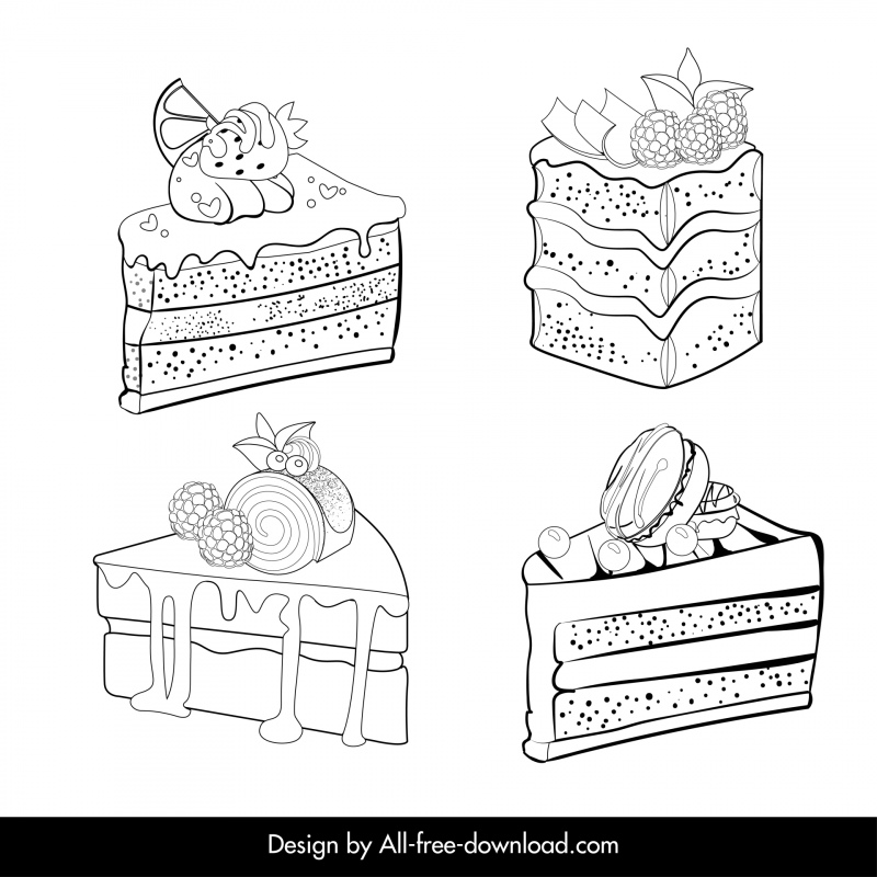 valentine cake icons collection classical black white handdrawn outline 