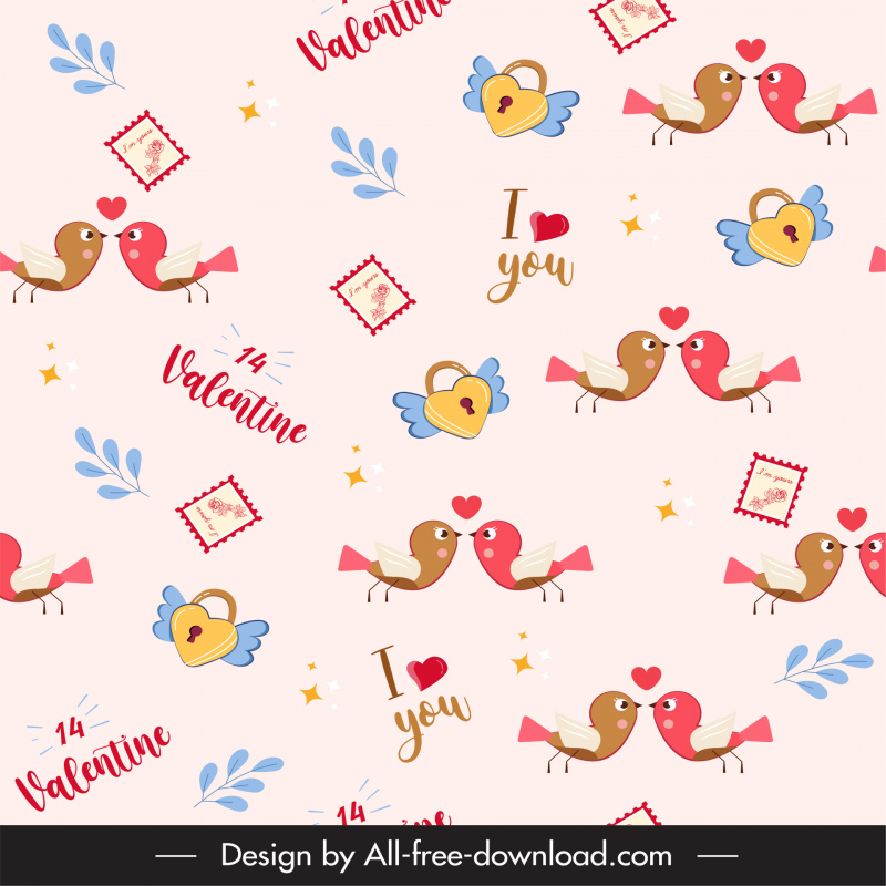 valentine pattern template cute repeating texts birds love elements decor