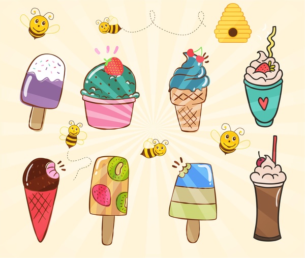 various ice creams collection illustration with bees