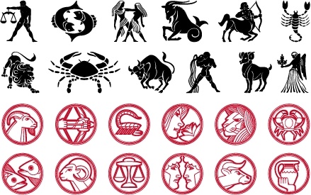 zodiac icons collection black and red silhouette sketch