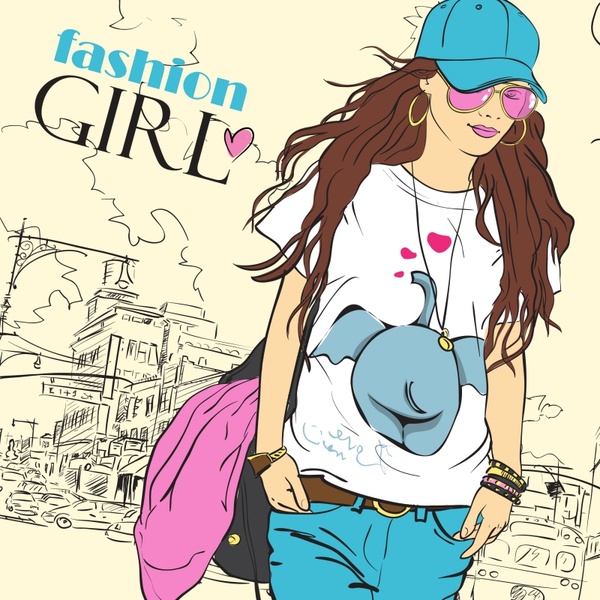 fashion banner modern girl town sketch handdrawn cartoon
