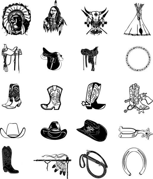 cowboy indian design elements accessories icons retro sketch