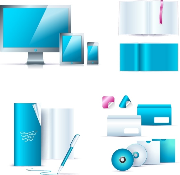 office stationery icons shiny modern blue white decor