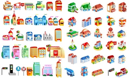 street icons collection various buildings and traffic symbols