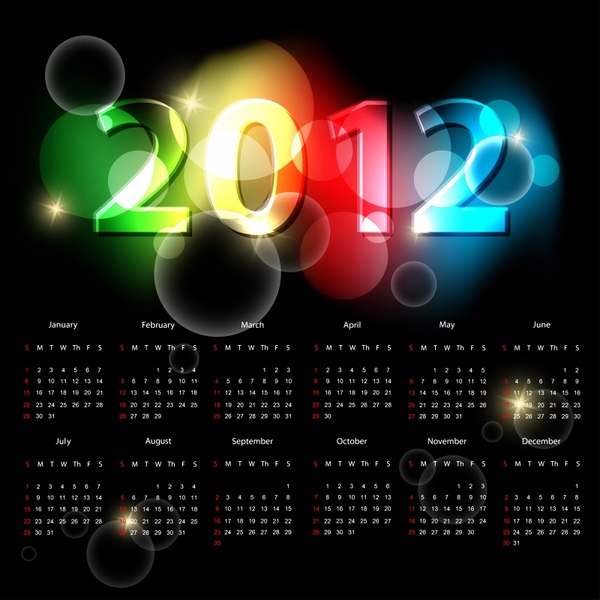 2012 calendar template dark colorful bokeh light decor
