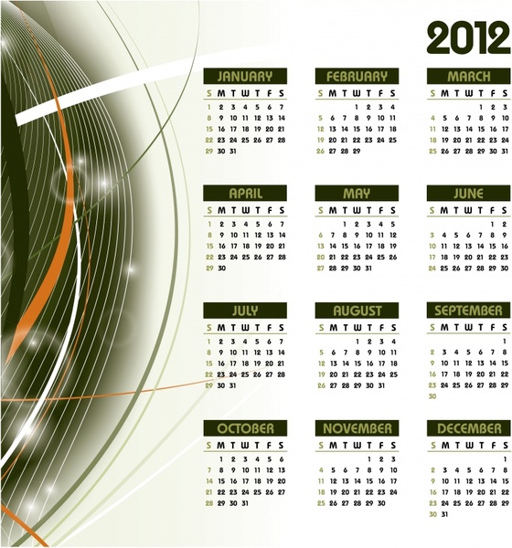 2012 calendar template bright modern plain sparkling curves