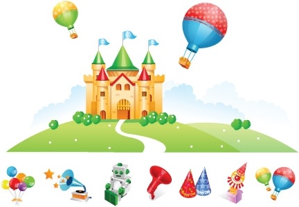 kids toys advertisement colored castle and symbol icons