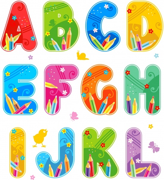 alphabet background template colorful text fonts pencils decor 