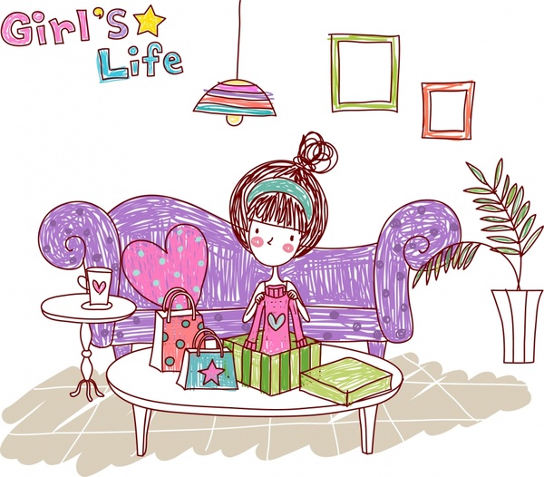 lifestyle drawing girl present icons colored handdrawn sketch