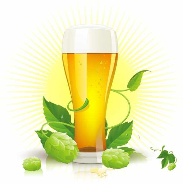 Vector glass of beer, hop cones and leaves