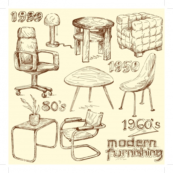 furniture icons templates 3d handdrawn sketch