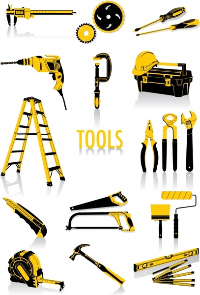 hand tools icons yellow black sketch modern design