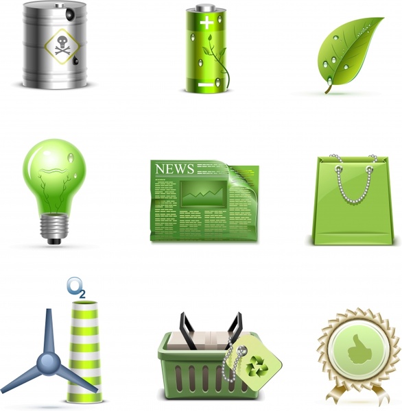 ecological icons shiny modern 3d symbols