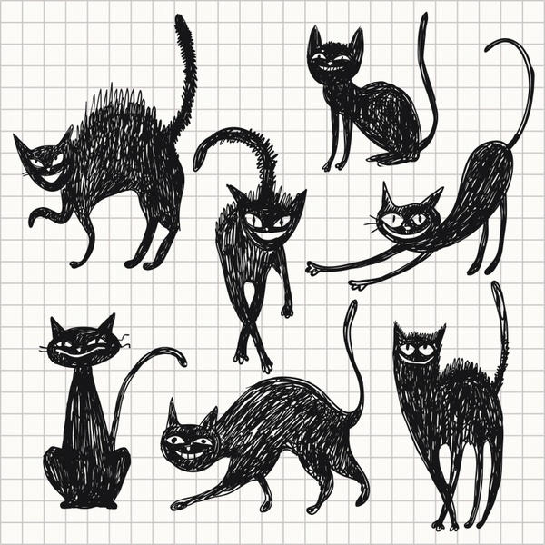 cats icons black white handdrawn sketch