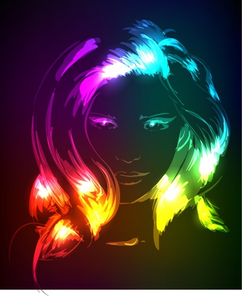 Woman portrait dark colorful light effect decor Vectors graphic art ...