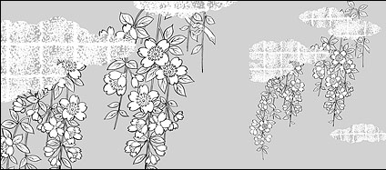 Vector line drawing of flowers-38(Cherry blossoms, clouds, gilded lattice)