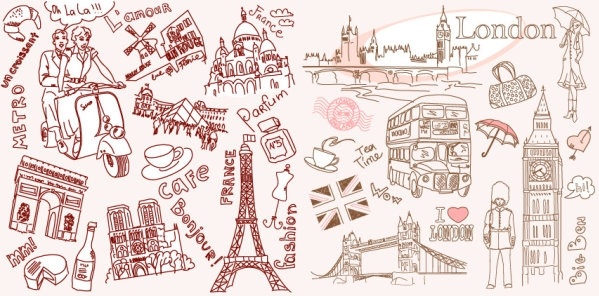 vector line drawing of paris and london