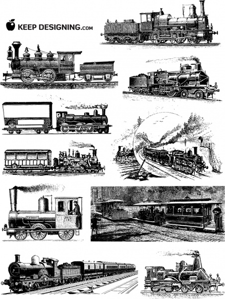 vintage train drawing sets classical black white outline