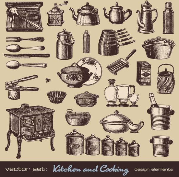 vector set of retro kitchen and cooking