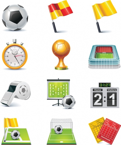 soccer game icons modern colored 3d symbols sketch 
