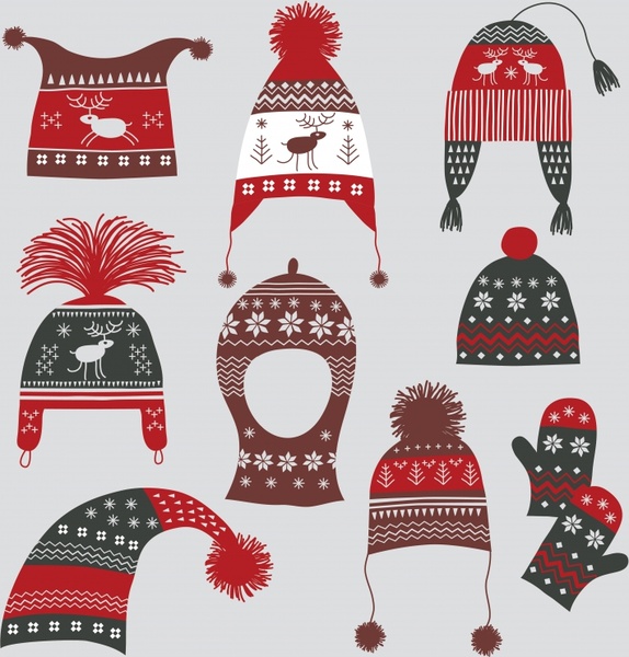 winter design elements classic woolen hat gloves sketch