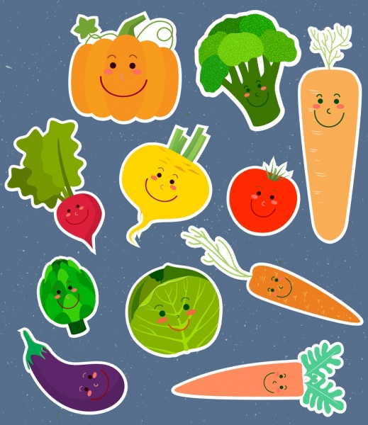 vegetable stickers collection cute stylized face icons